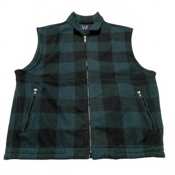 GAP Men's Size Large Buffalo Plaid Green Black Checkered Fleece Vest - Picture 1 of 11